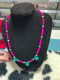 Pink seed bead with turquoise tear drops necklaces